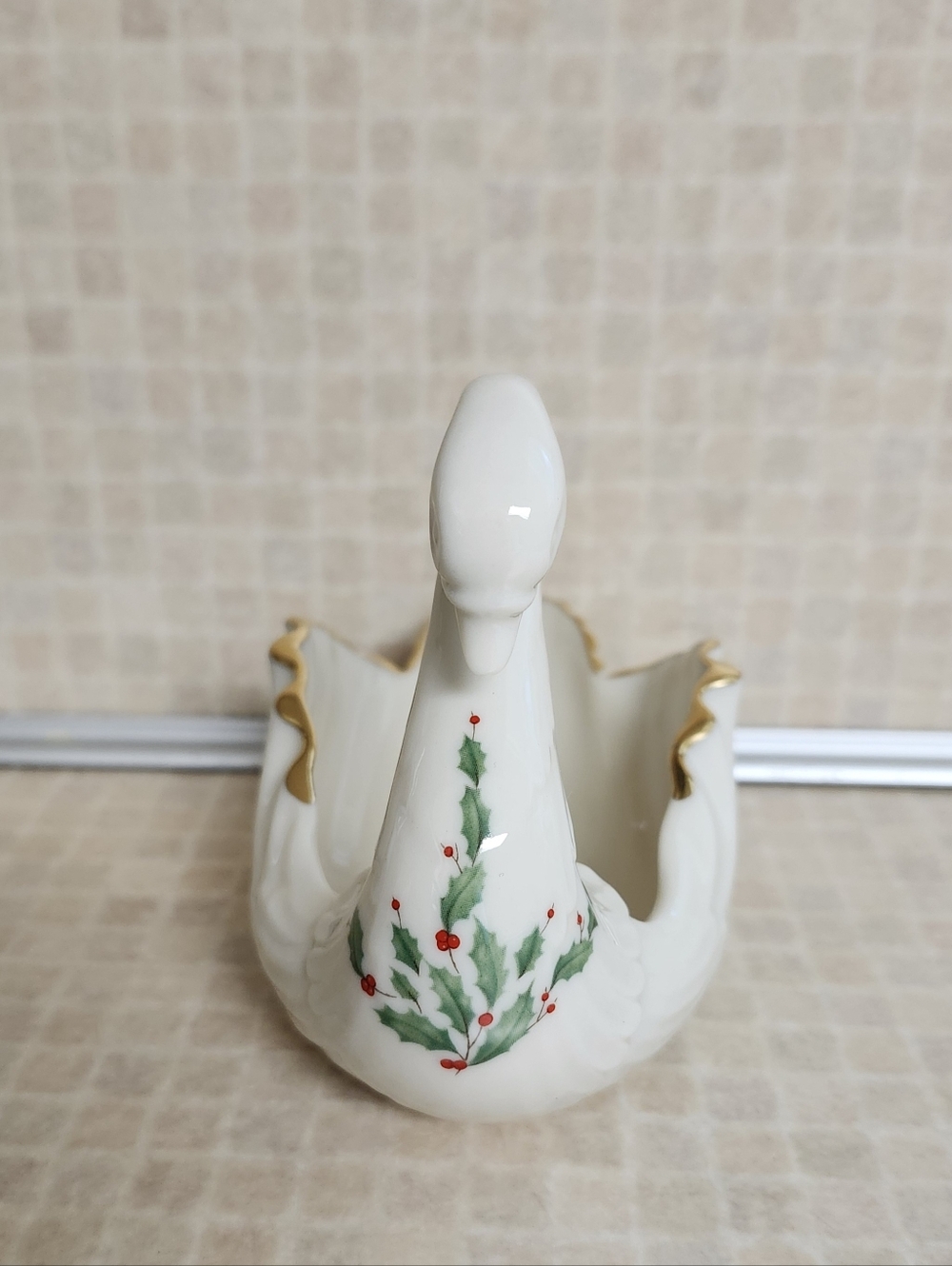 White Ceramic Swan Dish with Holly Motif and Gold Trim